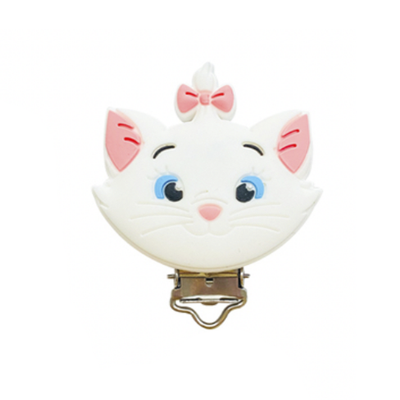Clipe para chupeta com rosto de gato branco e detalhes em rosa e azul
