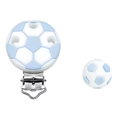 Clipe e conta de silicone em forma de bola de futebol branca e azul claro