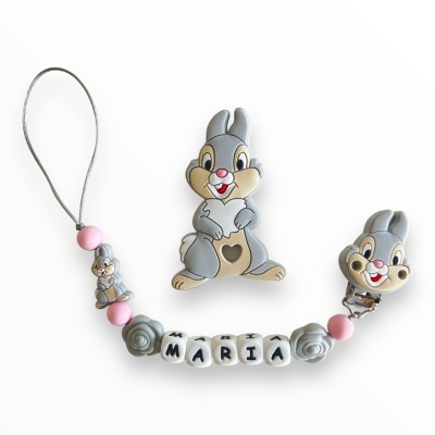 Colete de chupeta com coelhinhos e nome MARIA em silicone cinzento e rosa