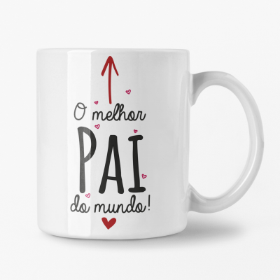 Caneca branca com texto 'O melhor PAI do mundo!' e corações.