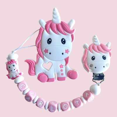 Brinquedos de silicone em forma de unicórnio branco e rosa com corrente de contas nome CARLOTTA
