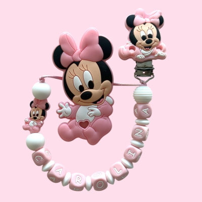 Prendedor de chupeta com contas de silicone em rosa, branco e preto e personagens Minnie Mouse