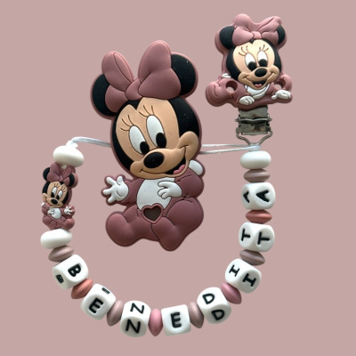 Prendedor de chupeta em silicone Minnie rosa com contas e nome BENEDIKTA