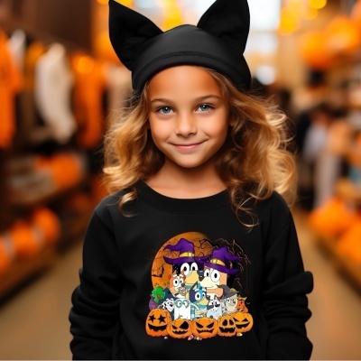 Criança com sweatshirt preta de Halloween e gorro preto com orelhas