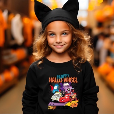 Menina com sweatshirt preta de Halloween com estampa de carros animados e chapéu preto com orelhas