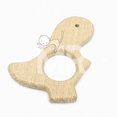 Mordedor de madeira em forma de pássaro com orifício circular central