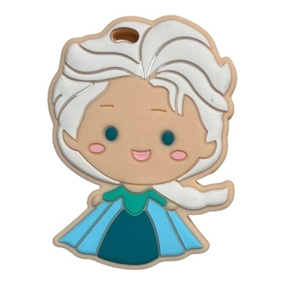 Figura de borracha macia em forma de personagem animada com cabelo branco e vestido azul