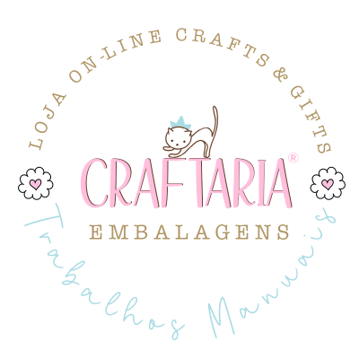 Logótipo de loja online Craftaria Embalagens com gato, texto e corações