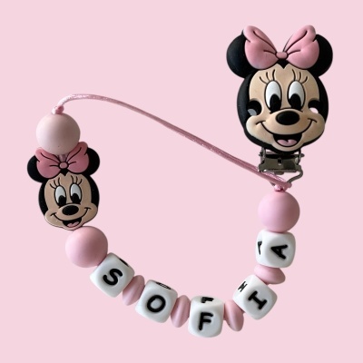 Prendedor de chupeta Minnie rosa com nome SOFIA em contas