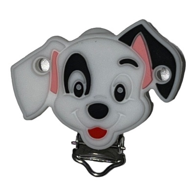 Prendedor de silicone com formato de filhote de cão com manchas pretas e orelhas cor-de-rosa