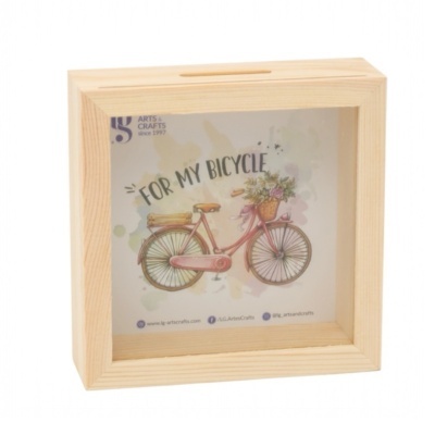 Caixa de poupança em madeira com ilustração de bicicleta e texto 'FOR MY BICYCLE'