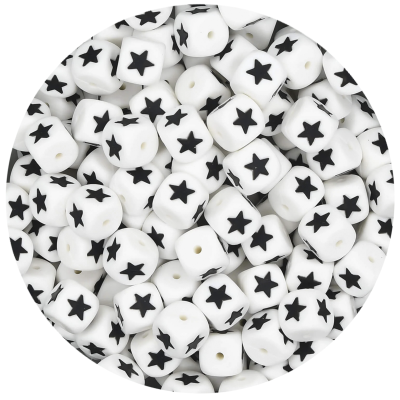 Contas cúbicas brancas com estrelas pretas e furo no centro