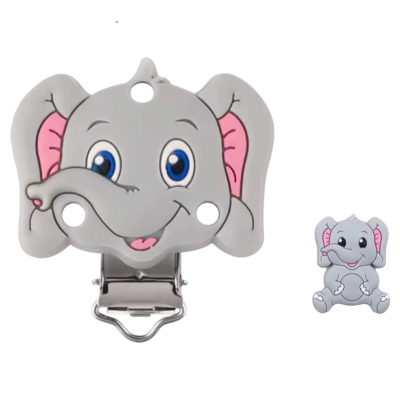 Clipe prendedor de elefante cinzento com olhos azuis e orelhas cor de rosa e pequeno elefante cinzento sentado