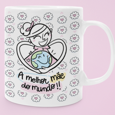 Caneca branca decorada com desenho de mulher a abraçar planeta e texto A melhor mãe do mundo