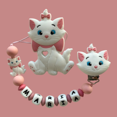 Clip para bebé em silicone com gato branco e nome MARRIA