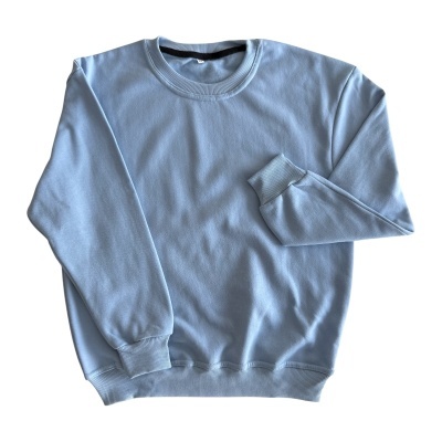 Sweatshirt azul claro de tecido liso com gola redonda e punhos canelados