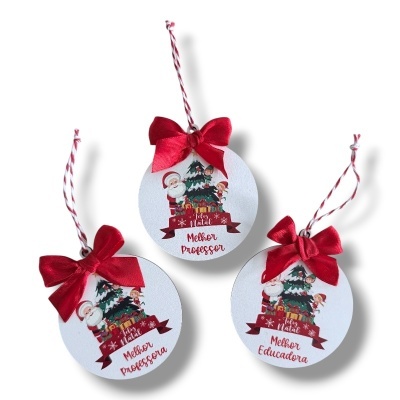 Etiquetas de Natal redondas para professores com laço vermelho e ilustração de Pai Natal