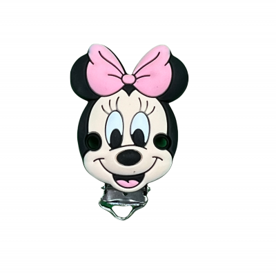 Clipe para roupa com forma da cabeça da Minnie Mouse em cor preta, rosa e bege
