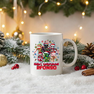 Caneca com personagens Minecraft e texto Merry Christmas Afonso