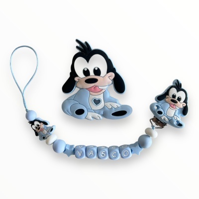 Conjunto de acessórios para bebé em silicone com figura de cão e prendedor com nome VASCO