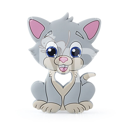 Mordedor em forma de gato cinzento com detalhes cor-de-rosa e olhos azuis