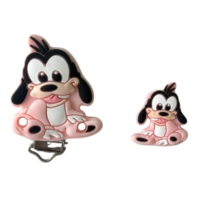 Acessórios de silicone rosa com formato do personagem Pateta, um com clipe metálico e outro sem clipe.