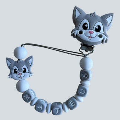 chupeta com clip e contas de silicone cinzentas e brancas com nome MATTÉUS e rosto de gato