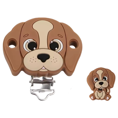 Clipe de chupeta em silicone com design de cão castanho e clip metal