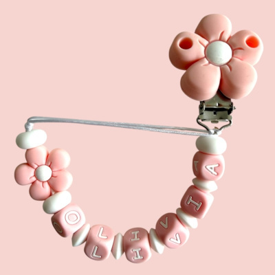 Prendedor de chupeta de silicone rosa com flores e letras OLIVIA