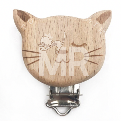 Clipe para chupeta em madeira em forma de cabeça de gato com desenho de gato gravado