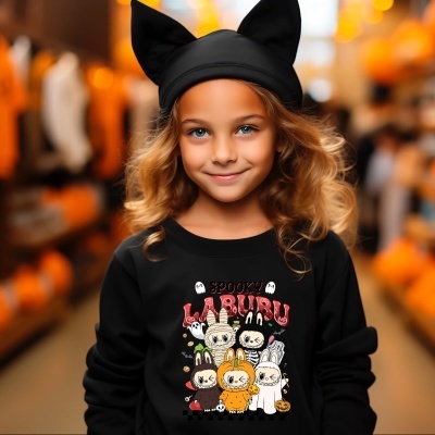 Camisola preta infantil com desenho colorido de personagens de Halloween e touca com orelhas de gato