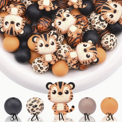 Contas de plástico com padrão animal e figuras de tigre em várias cores