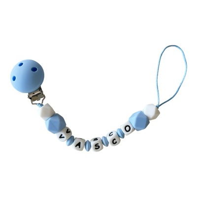 Clipe para chupeta com contas de silicone azuis e brancas, com o nome VAISCO.