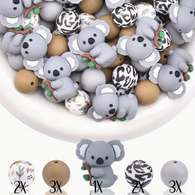 Conjunto de contas de silicone para mordedor com conta coala e várias contas redondas coloridas