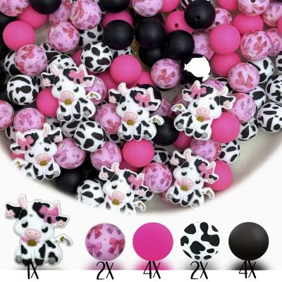 Contas de silicone coloridas com vacas e padrões rosa e preto
