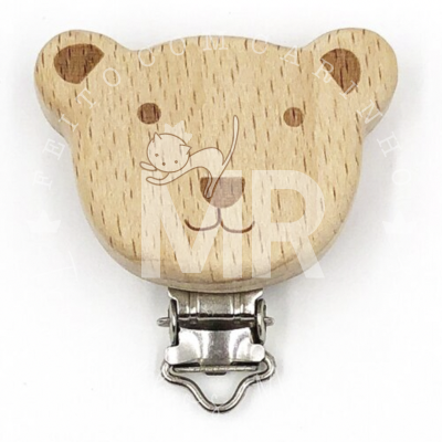Prendedor de chupeta em madeira com rosto de urso e metal prateado