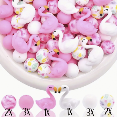 Contas de silicone coloridas e em formato de flamingo em tons de rosa, branco e multicolorido