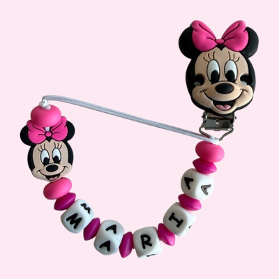 Prendedor de chupeta Minnie com contas coloridas e nome Maria