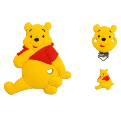 Conjunto de artigos infantis amarelos e vermelhos em forma de ursinho de silicone.