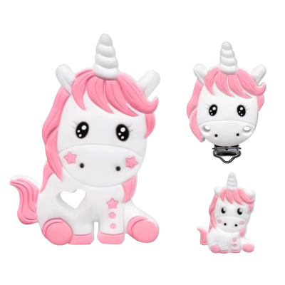 Três brinquedos de unicórnio em silicone branco e cor-de-rosa, diferentes tamanhos e um com clip.