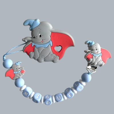 Prendedor de chucha com figuras do elefante Dumbo e contas azuis a soletrar MIGUEL