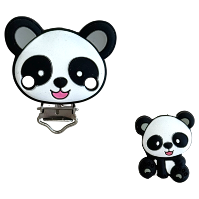 Clip e figura decorativa de panda em cores preto, branco, cinza e rosa
