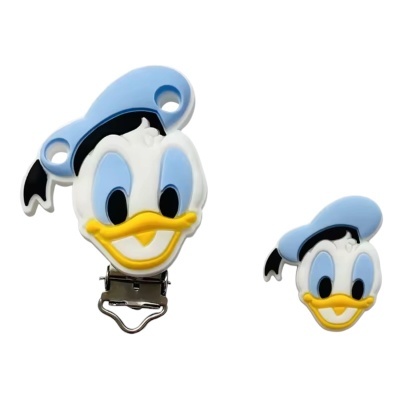 Clips de silicone em forma da cabeça do Pato Donald, um com fecho metálico e outro só a cabeça.