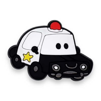 Pin em forma de carro polícia estilizado preto e branco com sirene vermelha