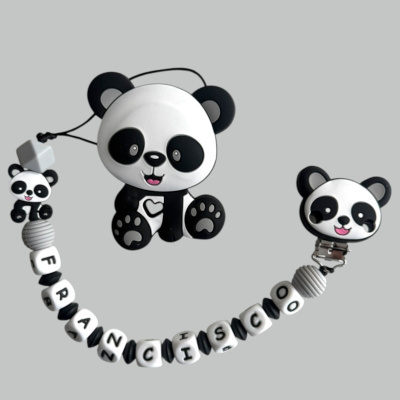 Prendedor de chupeta com letras e pandas de silicone preto e branco
