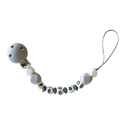 Clipe para chupeta com contas de silicone cinza, branco e azul, presilha metálica e cordão
