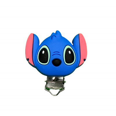 Clipe de chupeta Azul Stitch em silicone com base metálica prateada