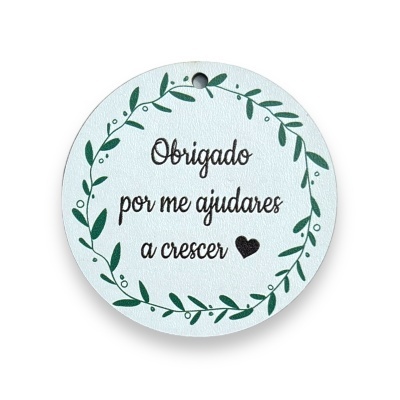 Etiqueta redonda branca com texto e decoração floral verde