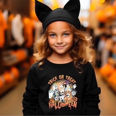 Camisola preta de criança com estampa de Halloween e gorro com orelhas de gato