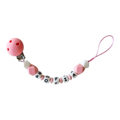 Prendedor de chupeta com contas em silicone rosa, branco e bege com o nome SOFIA